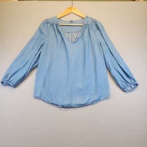 Old Navy Chambray Tencel V-Neck Peasant Blouse Boho Blue Long Sleeve Medium